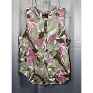 Tahari Shirt Womens XL Pink Green Floral Print Linen Sleeveless Button Front